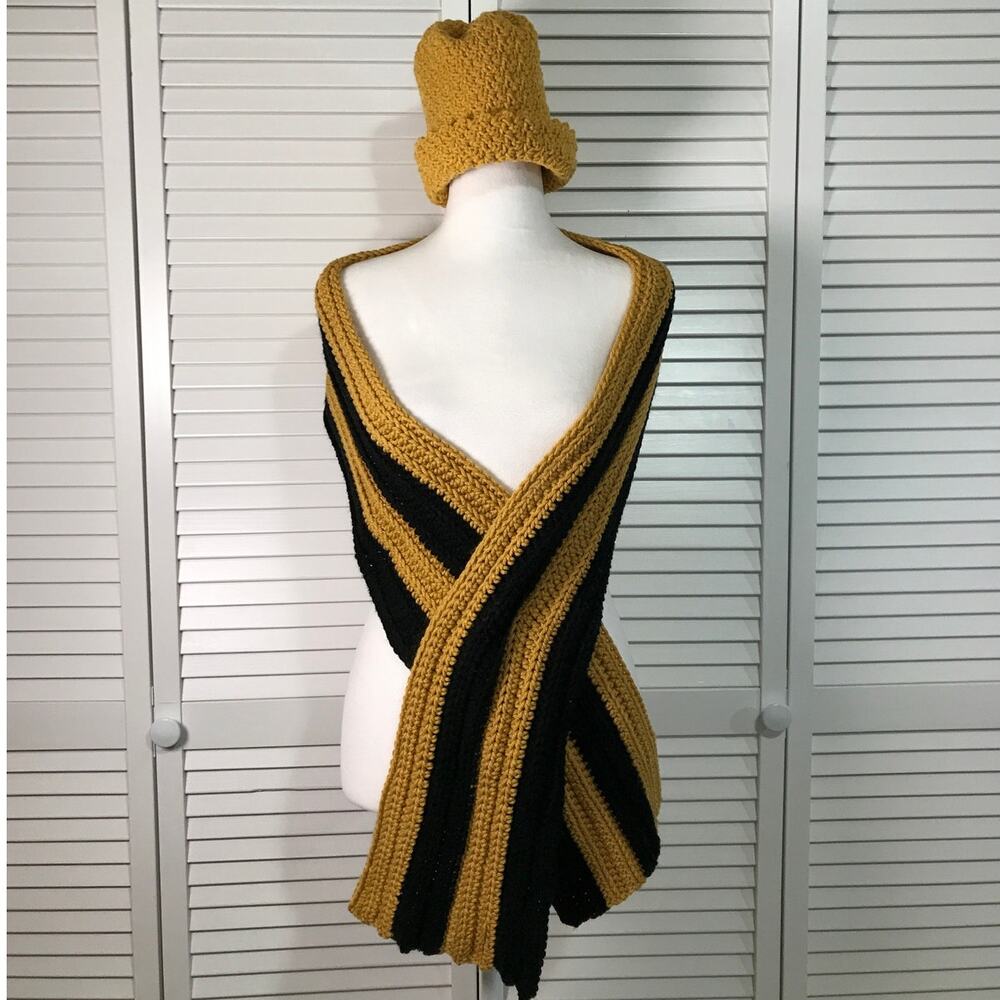 NWT Handmade Crocheted Black Gold Textured Beanie Shawl Scarf 68” - Picture 3 of 4